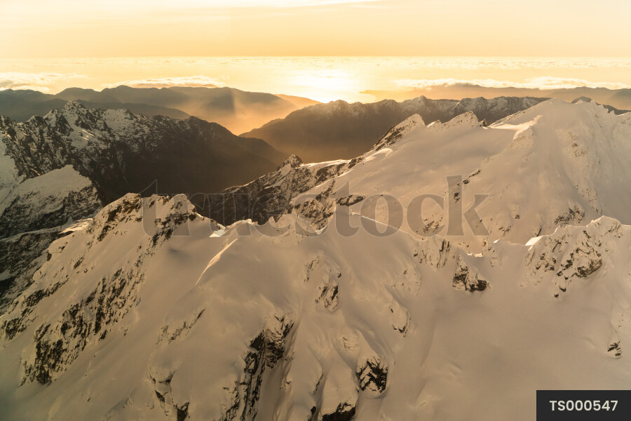 Aerial view of Mount Aspiring at sunset