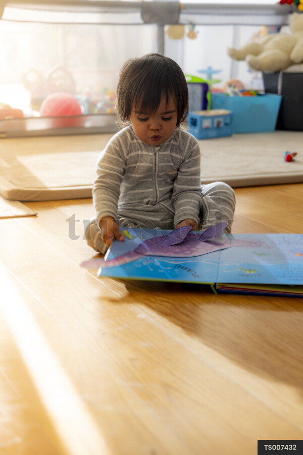 Baby boy reading picture book in living room