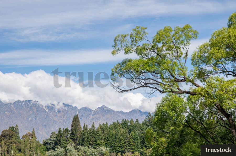 Panorama of mountain ranges and forest with scattered clouds