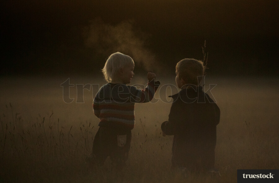 Kids playing on the field on a misty morning with fog