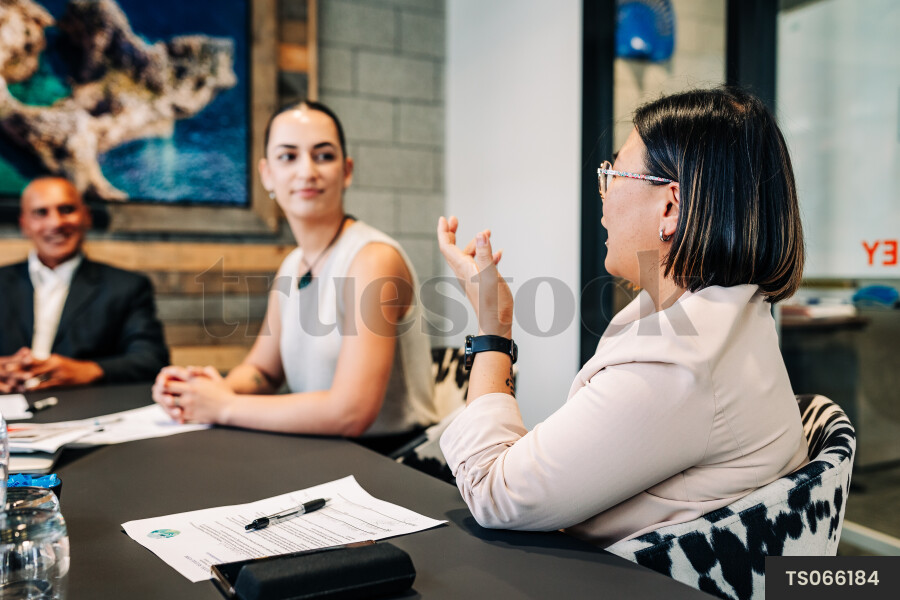 Businesspeople talking and gesturing during meeting in boardroom
