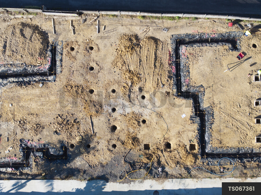 Aerial view of foundation in construction site