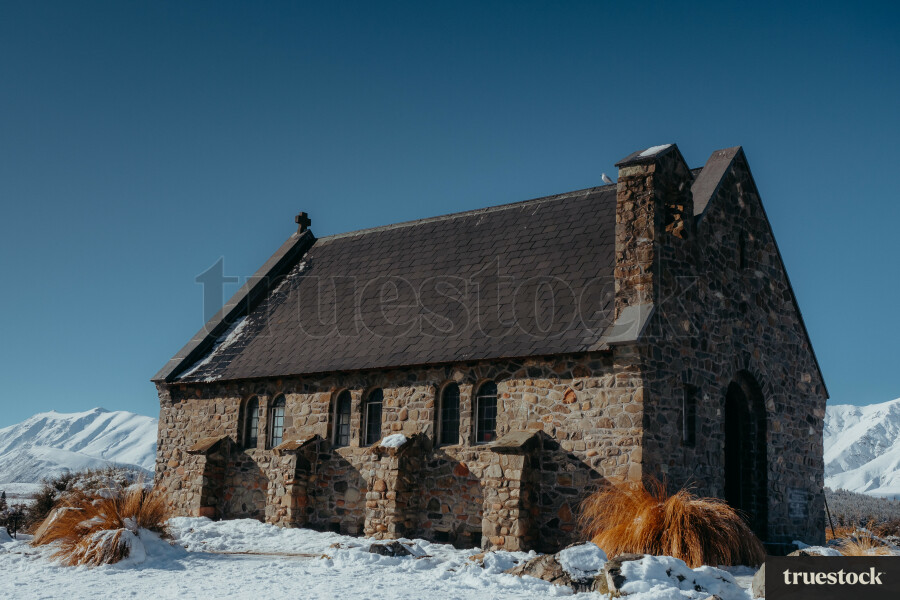 Stone church in the snow