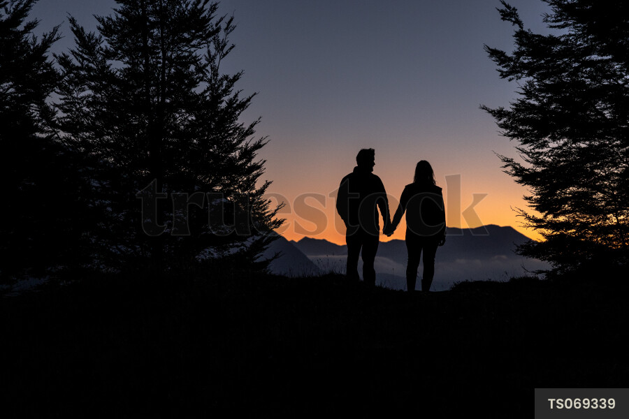 Silhouette of couple holding hands on mountain during sunset