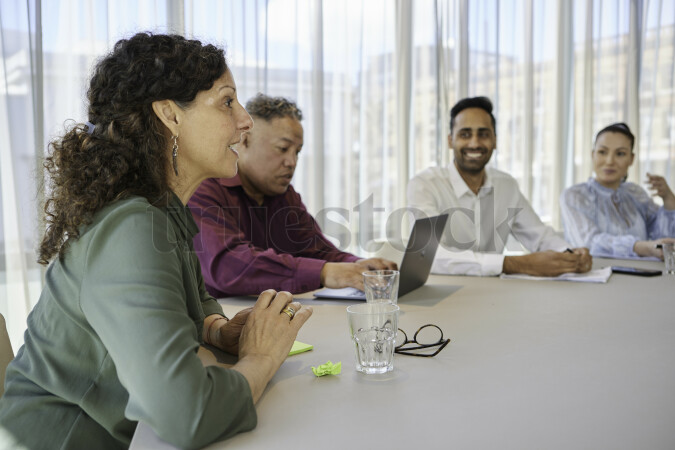 Colleagues Using Laptop for Discussion in Meeting