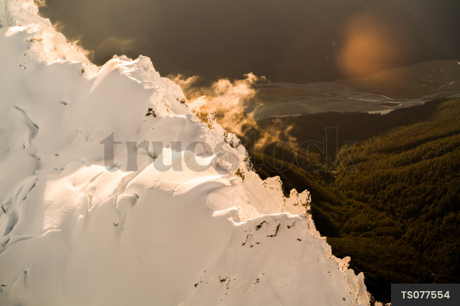 Aerial view of Mount Aspiring at sunset