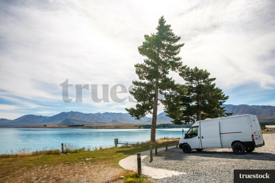 Van parked by Lake Tekapo