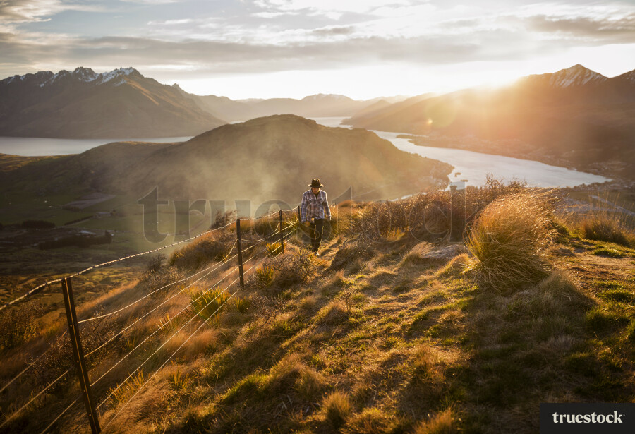 Man walking over farmland