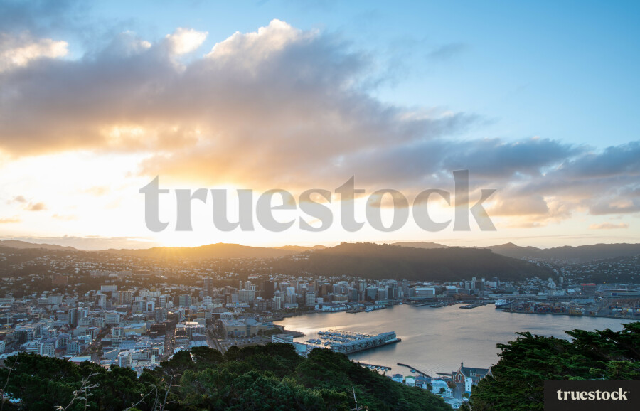 Sunset over Wellington waterfront harbour