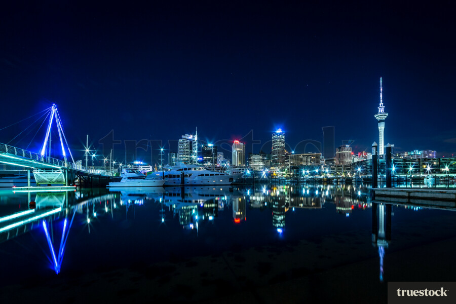 Auckland Viaduct Harbour at night with city lights