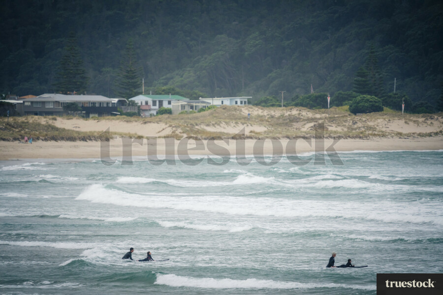 Fathers Teaching Children to Surf in Whangamata