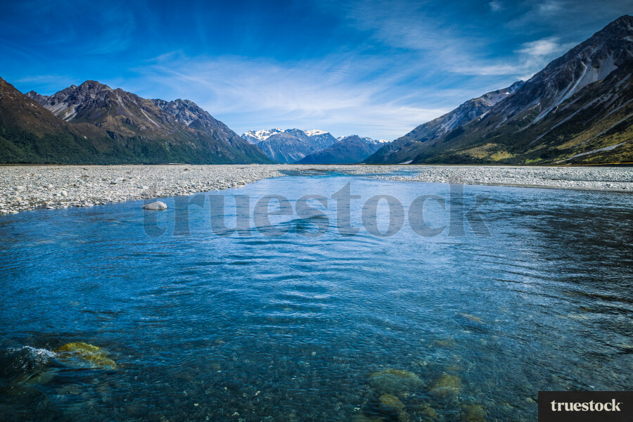 River below mountain ranges in the countryside
