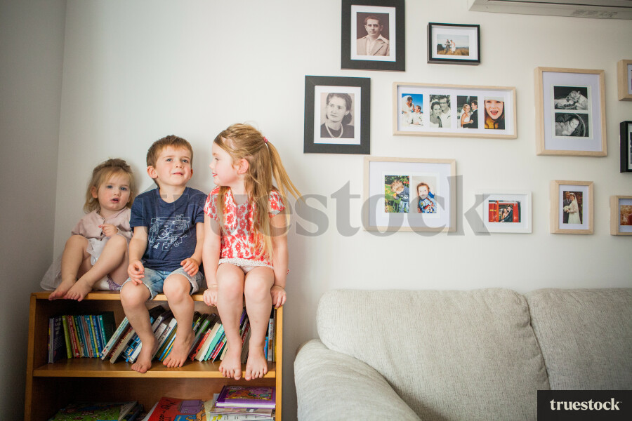 Siblings sitting on top of a bookshelf in the lounge