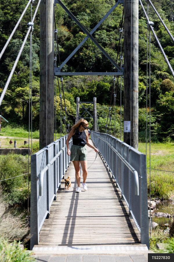 Woman walking dog on bridge