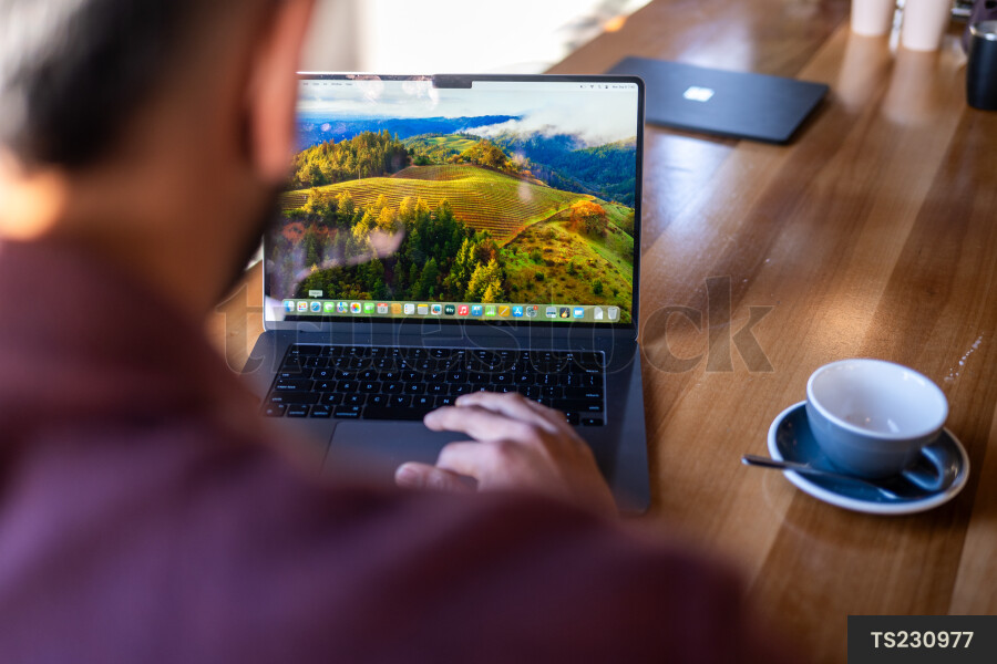 Small business owner working at laptop in cafe