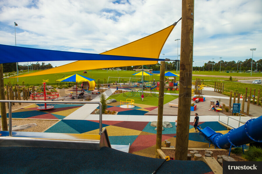 Colourful playground with slides and climbing frames