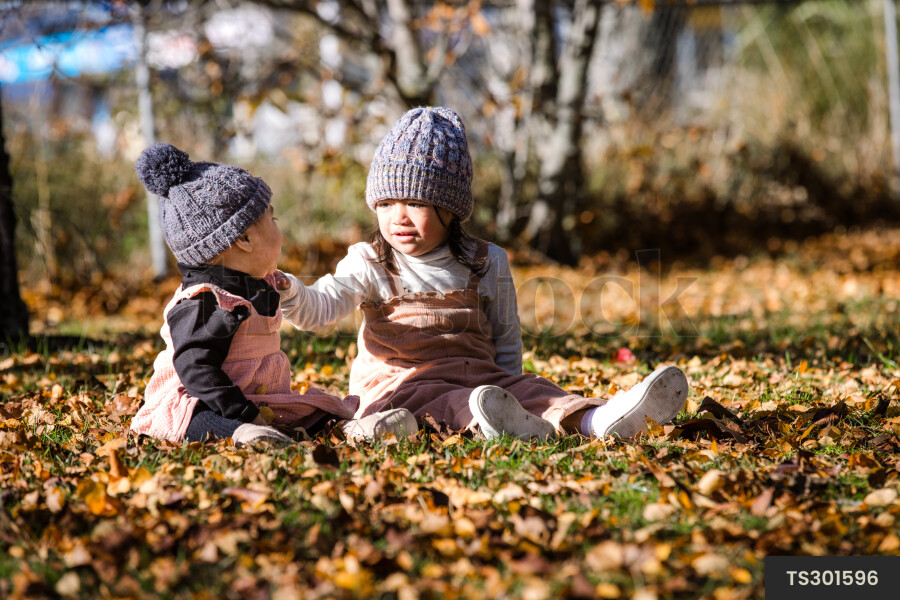 Sisters sitting in autumn leaves