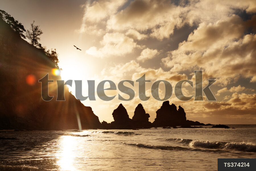 TS374214 Sunset at beach with coastal rock formations by Salena ...