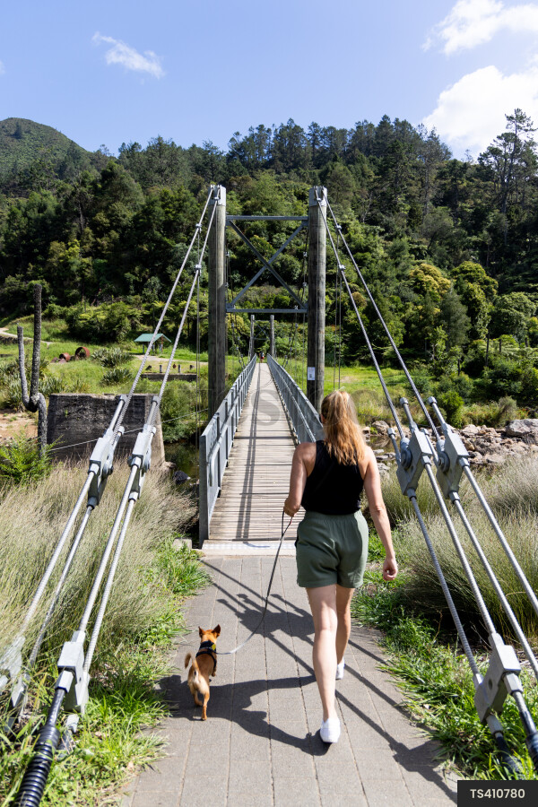 Woman walking dog on bridge