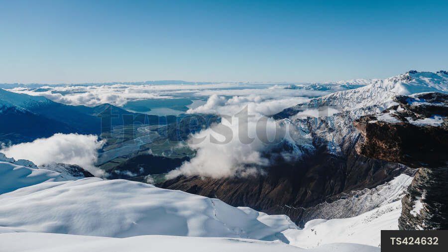 Aerial view of snow on mountain range in Mount Aspiring National Park