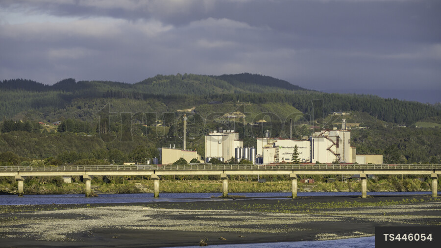 Bridge and factory by sea in Hokitika