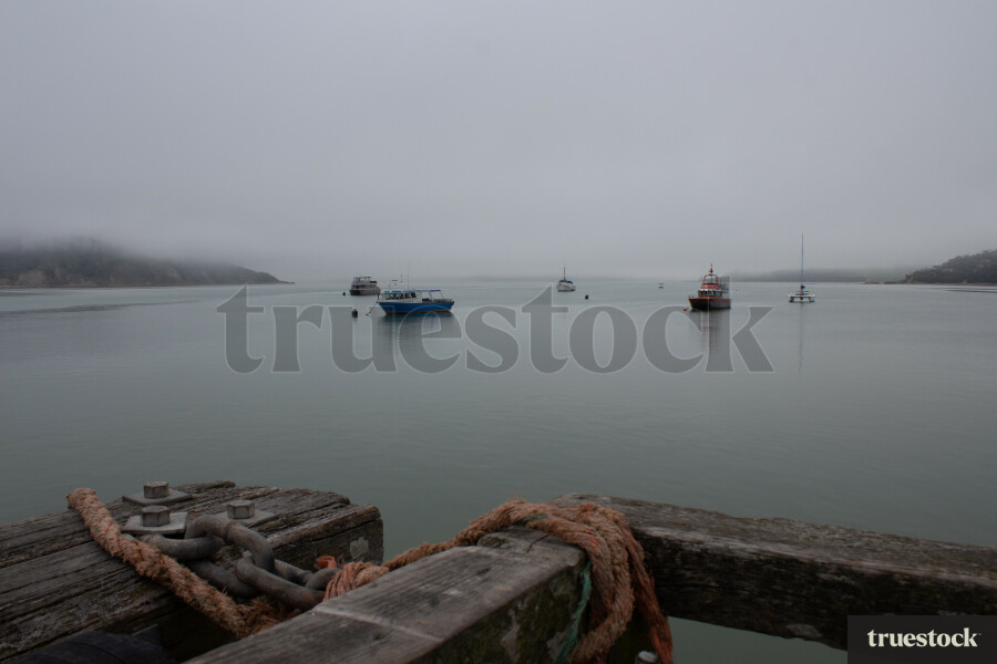 Boats anchored in the water on an overcast day