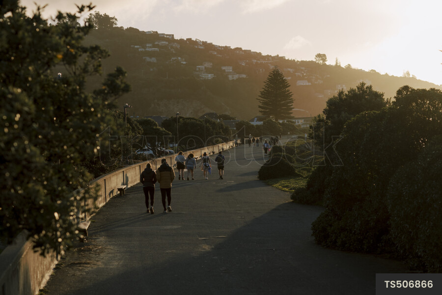 People walking on path at sunset