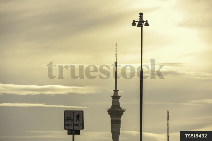 Sky Tower at sunset in Auckland