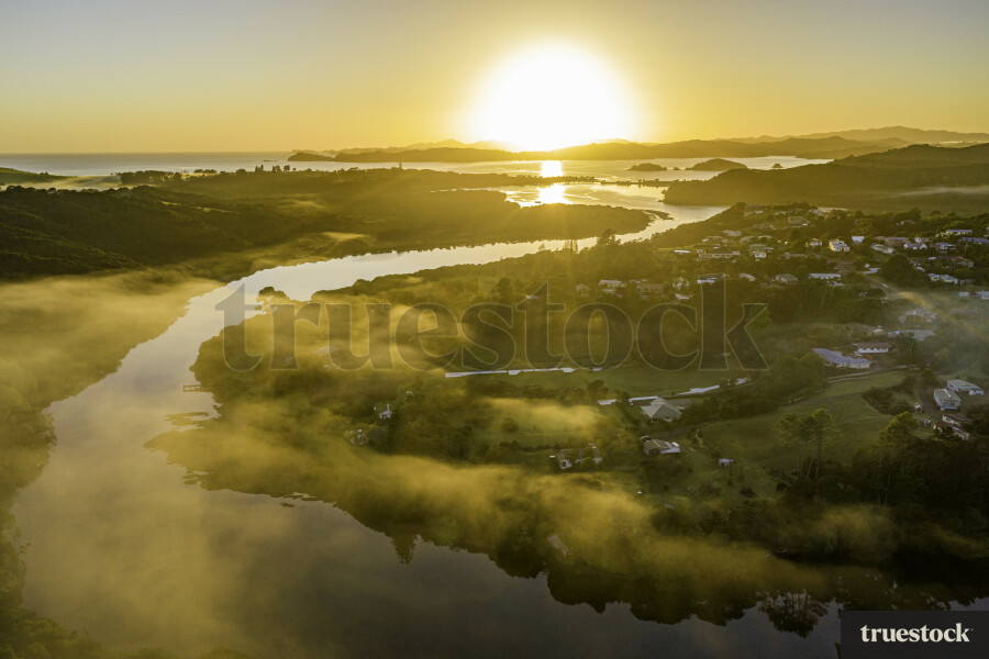Aerial of town at sunrise