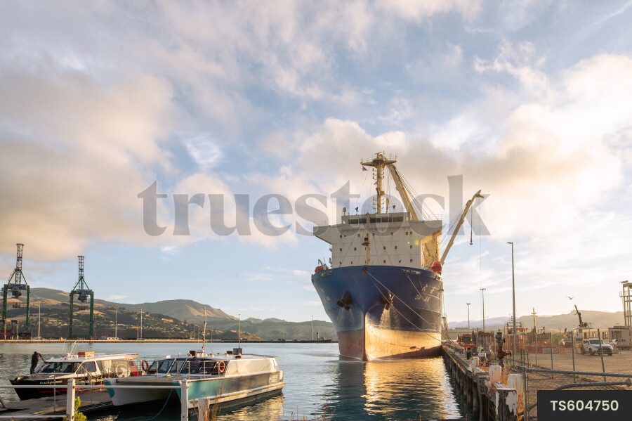 Ship in Lyttelton Port at sunset