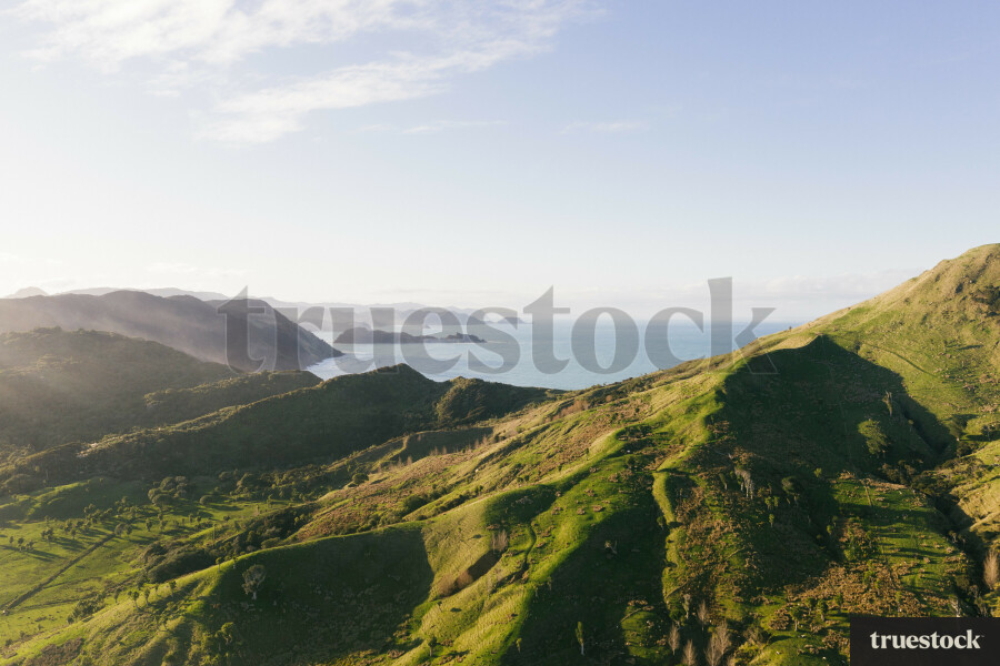 Aerial of coastal farmland