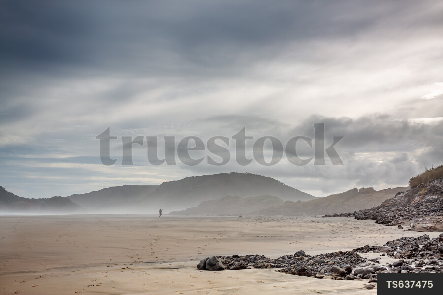 Man walking on beach under clouds