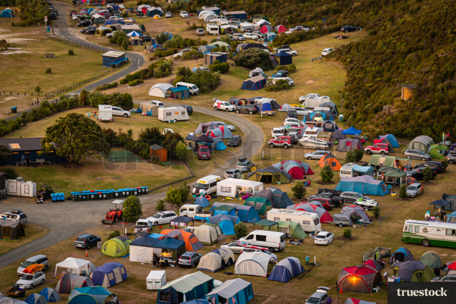 Campground with tents and campervans