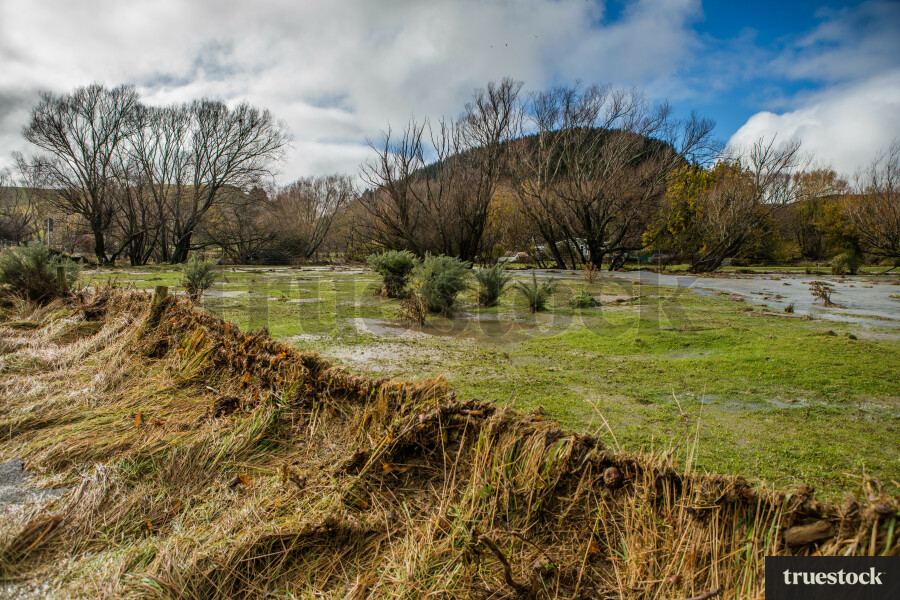 Flood damage and debris in the countryside