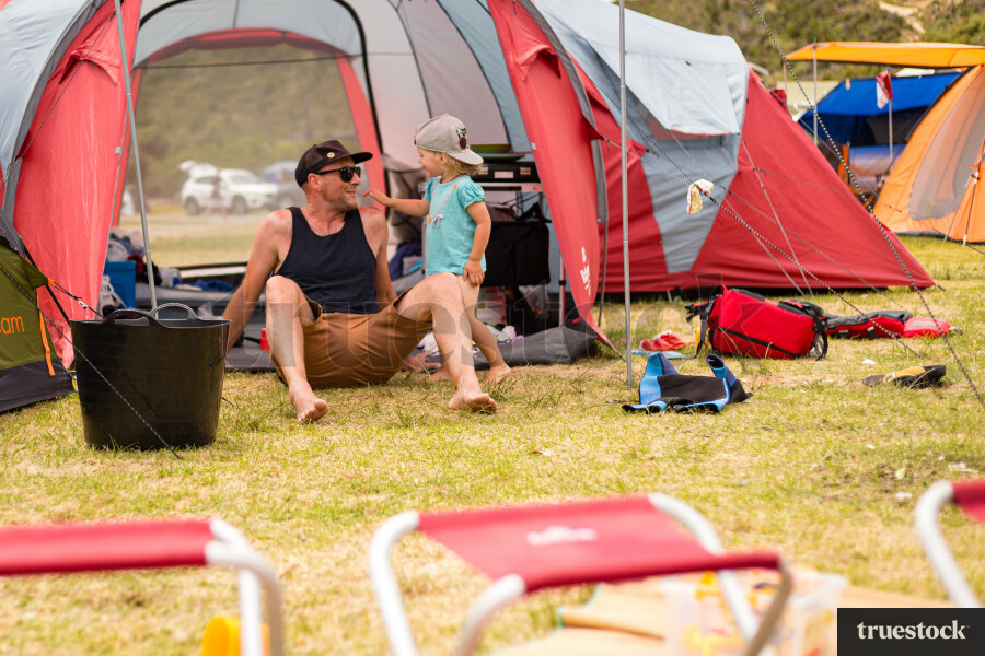 Dad and toddler at campsite
