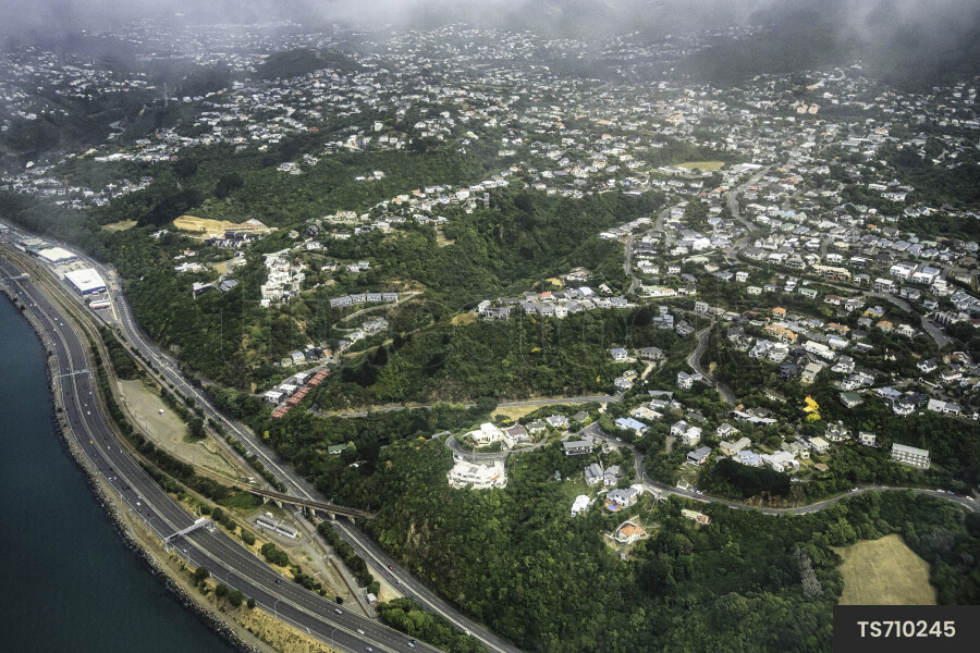 Aerial view of suburb next to coastline