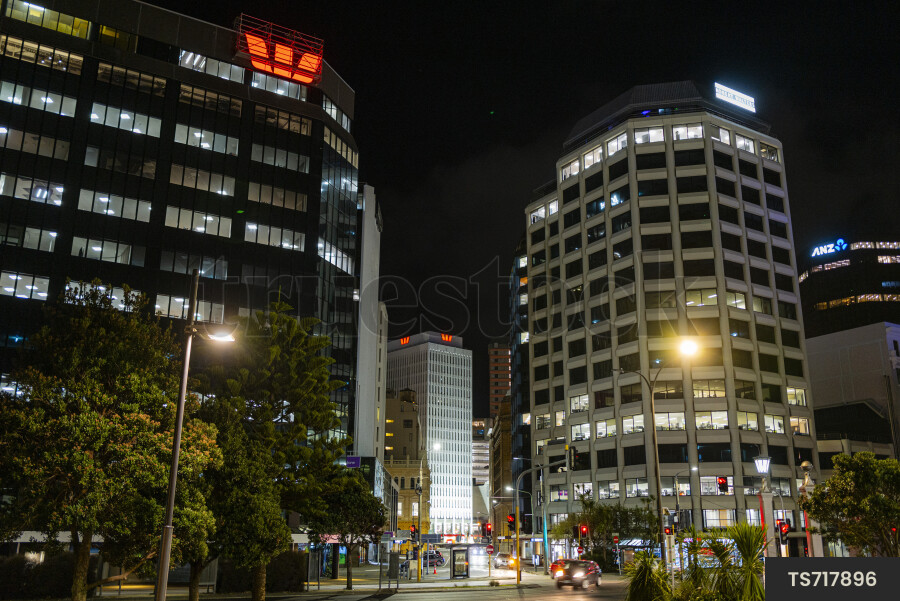Buildings and street lights at night