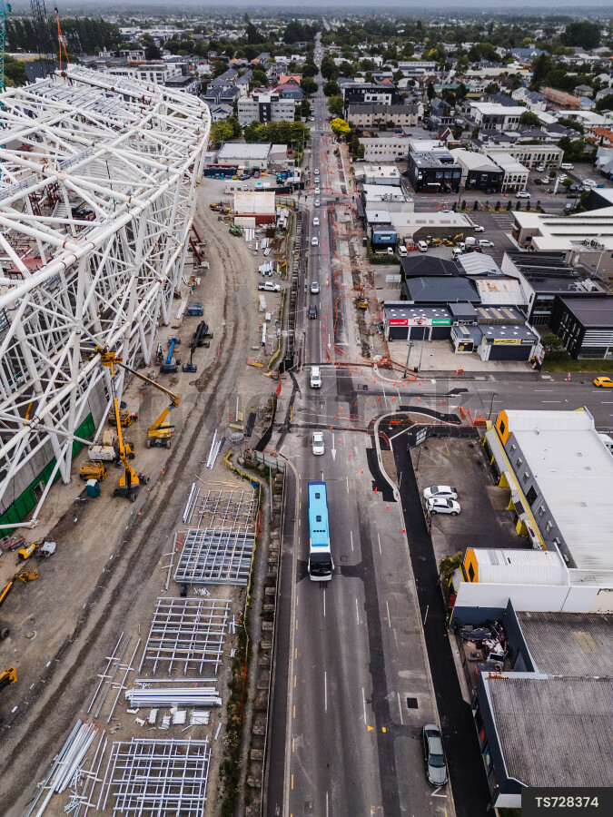 Aerial view of bus on road in Christchurch
