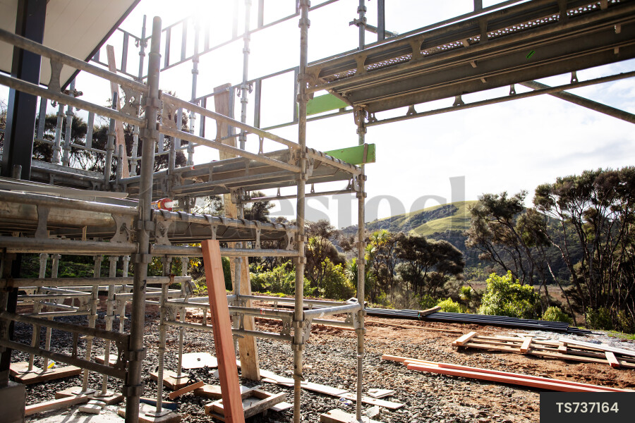 Timber and scaffolding in construction site