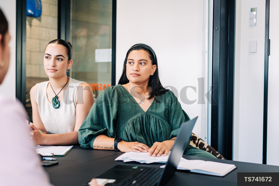 Businesspeople with laptop during meeting in boardroom