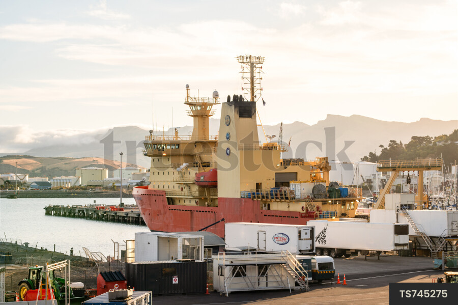 Ship in Lyttelton Port at sunset