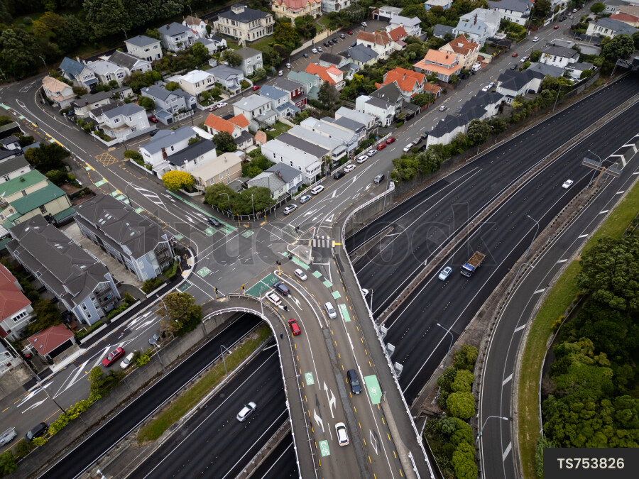 Aerial view of cityscape and bridge in Wellington