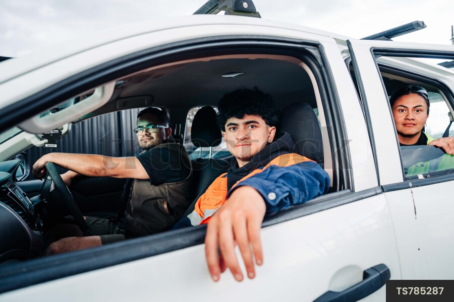 Construction workers in ute