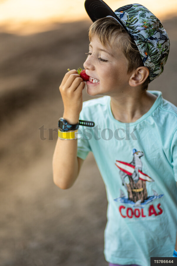Boy eating strawberry