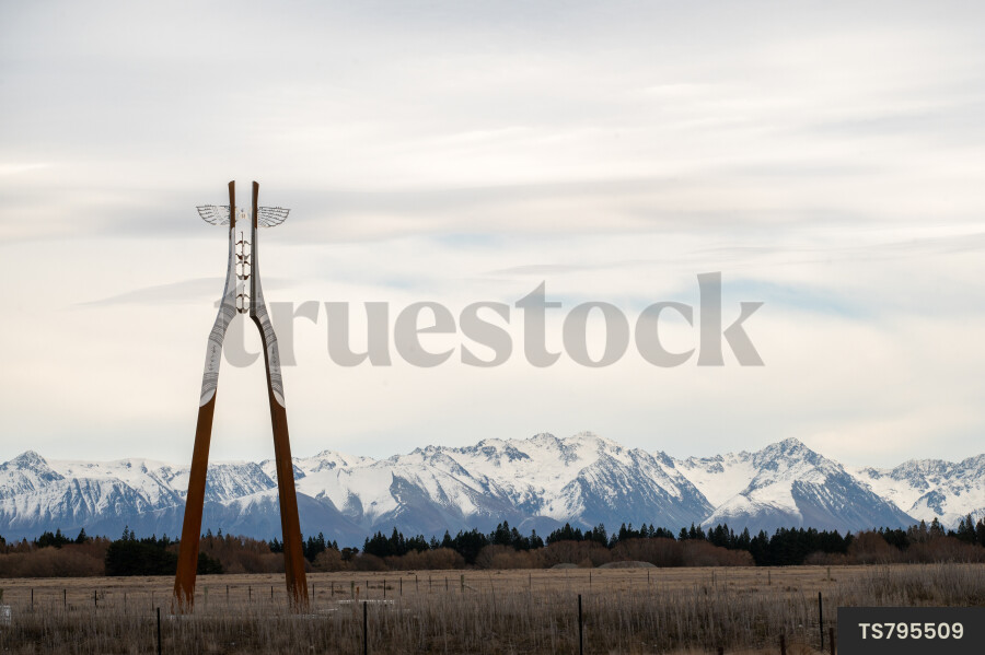 Sculpture in field and mountain range in Mackenzie Country