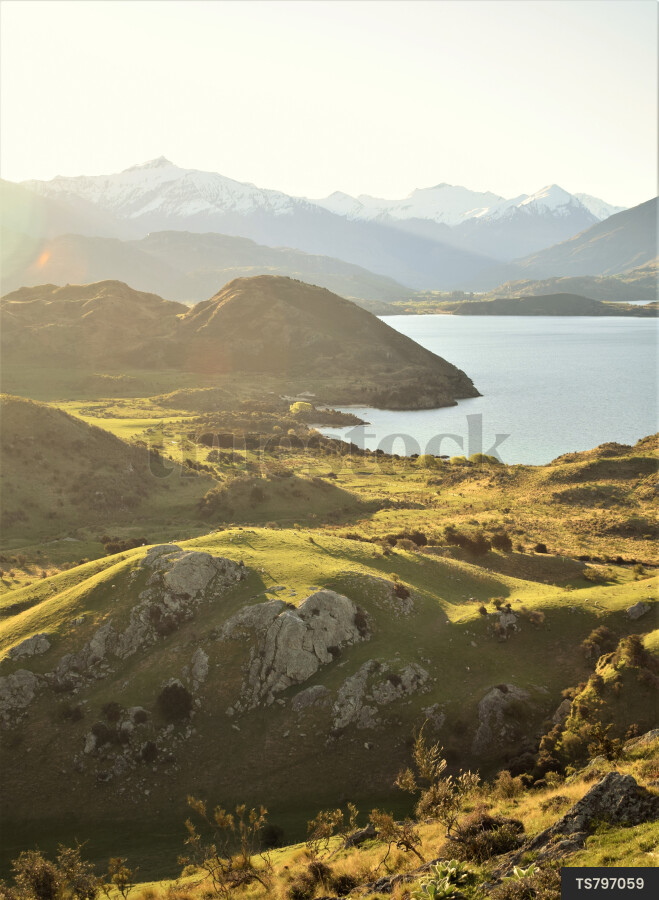 Lake Wanaka and mountains at sunset