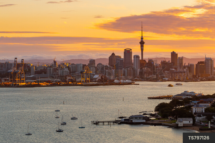 Auckland City and Waitemata Harbour at sunset