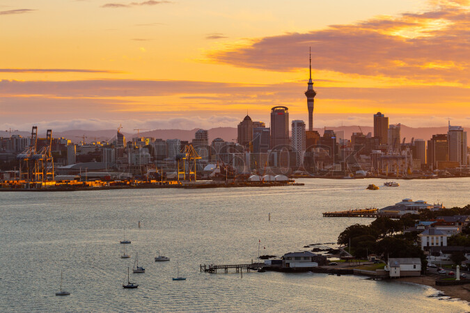 Auckland City and Waitemata Harbour at sunset