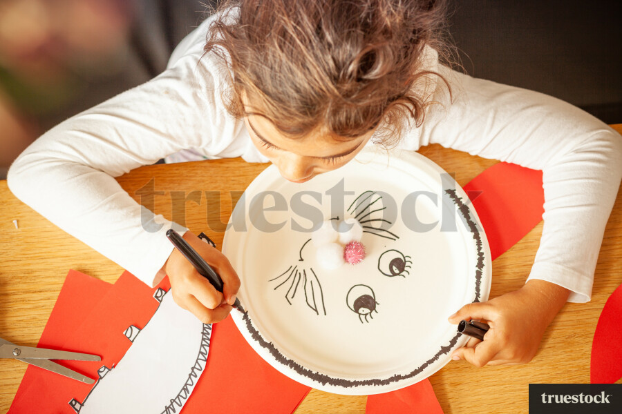 Child drawing a bunny rabbit on a paper plate