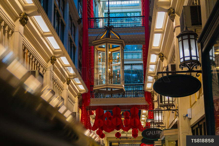 Paper lanterns and lights at shopping mall